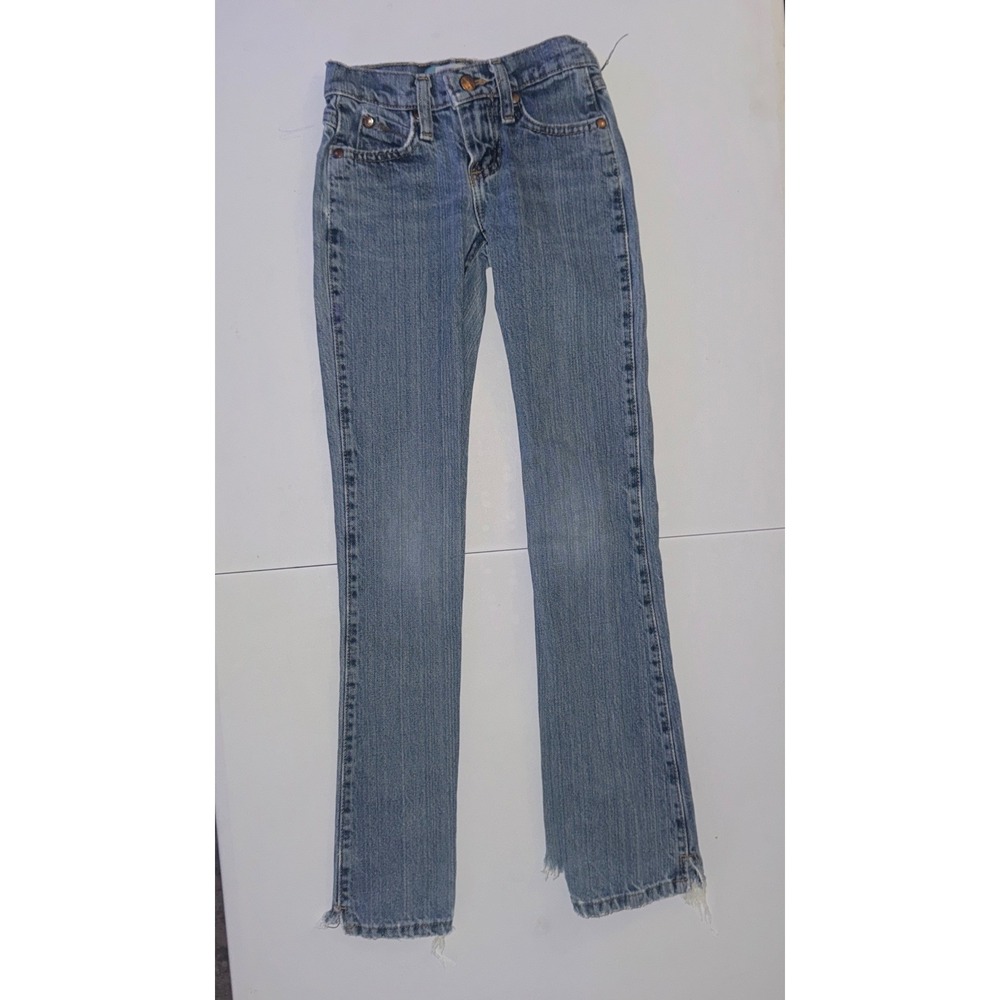 Wrangler Cash Jeans Girls 8 Slim Blue Light Wash Raw Hem Distressed Denim